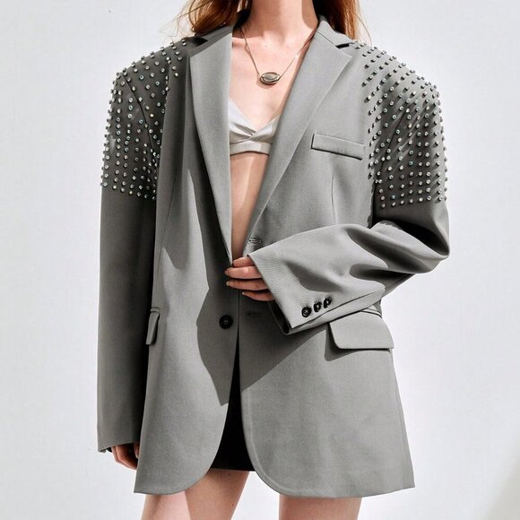 Grey Casual Women's Oversized Padded Shoulder Suit Jacket with Rhinestone Design - Picture 1 of 7